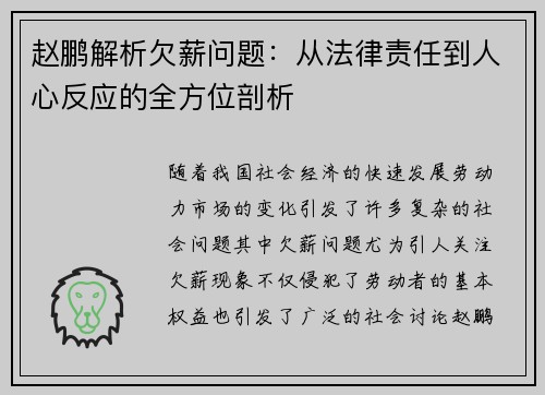 赵鹏解析欠薪问题：从法律责任到人心反应的全方位剖析